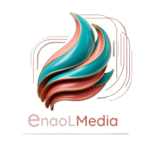 Logo d'Énaolmedia avec des formes organiques en 3D combinant des teintes turquoise et corail, accompagné d'une typographie élégante et moderne.